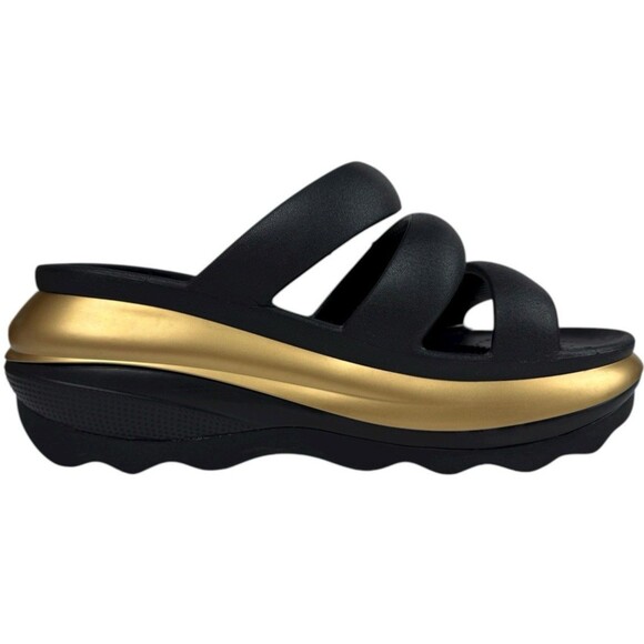 Crocs Mega Crush Women 11 Men 9 Black & Gold Triple Strap Platform Sandal New - Picture 2 of 9
